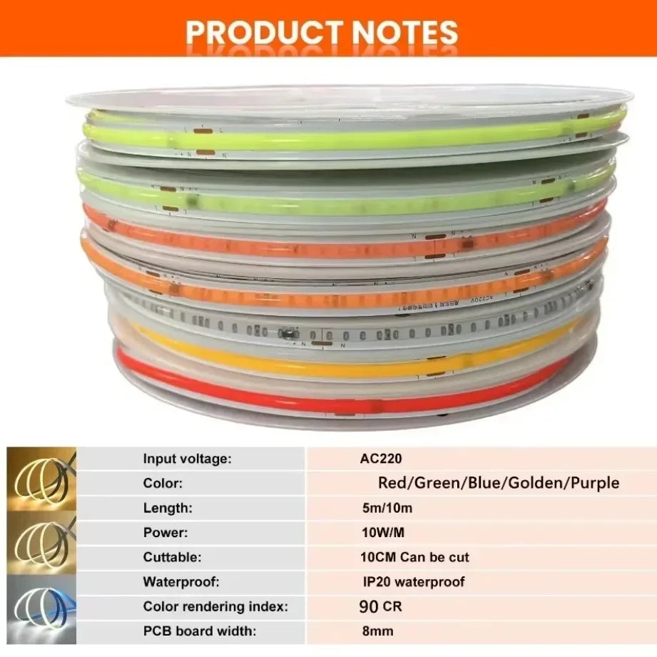 220V COB LED Strip 0.5M-10M Flexible Tape Light Smart IC No Need Driver High Bright 240 LEDs Linear Lighting RA95 Warm Ice Blue