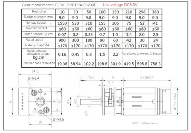 GA12 N20 Encoder DC 12V (6V 5V 3V) Mini Micro Metal Gear DC Motor with Gearwheel High Torque 30-4000RPM 7PPR Hall Sensor Encoder