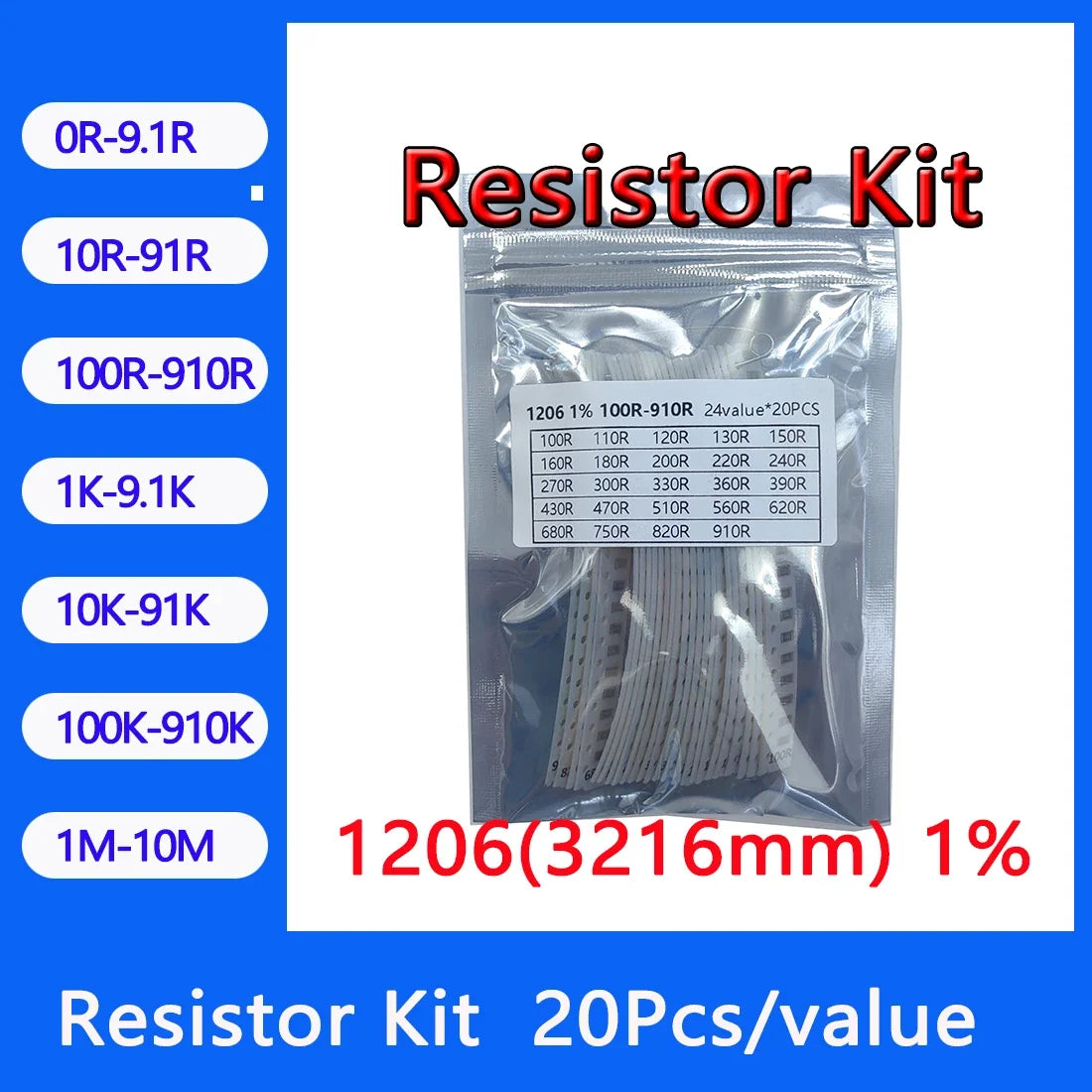 Resistor kit 1206 3216mm smd Resistor package 24values*20PCS=480PCS 1% Sample Kit Resisor