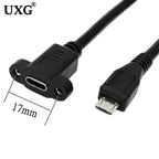 Pitch 17.5mm 5 Pin Micro Mini USB C Male To TYPE-C Female Extension Data Sync Power Charge Cable With Screws Lock Panel Mount