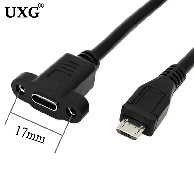 Pitch 17.5mm 5 Pin Micro Mini USB C Male To TYPE-C Female Extension Data Sync Power Charge Cable With Screws Lock Panel Mount