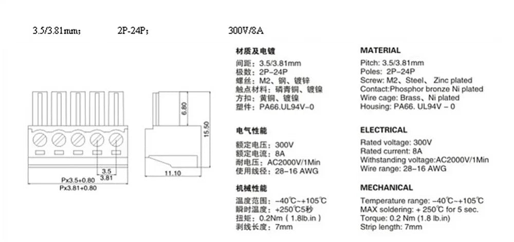 10pc 15EDG 3.5mm/0.138in 3.81mm/0.15in KF2EDGK 39500-0004 0020 Equival PCB Screw Terminal Block Connector Plug Pin Header Socket