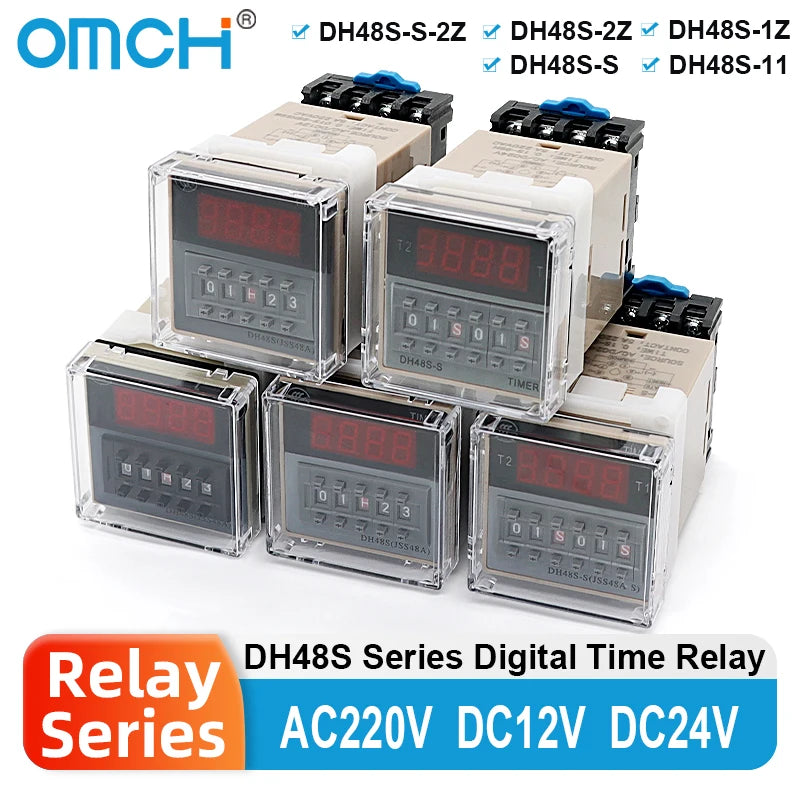 OMCH DH48S-S SPDT Timer Relay with Base DC12V/24V AC110V/220V Models DH48S-1Z/2Z DH48S-11 DH48S-S-2Z for Electrical Engineering
