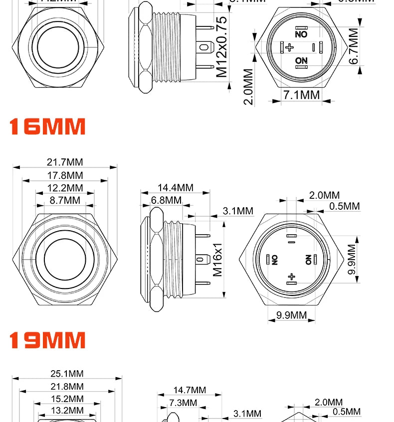 12/16/19/22mm Short Stroke Oxide Blcak Shell Metal Button Switch Waterproof Flat Head With Power LED Light Momentary 1NO 6V 24V
