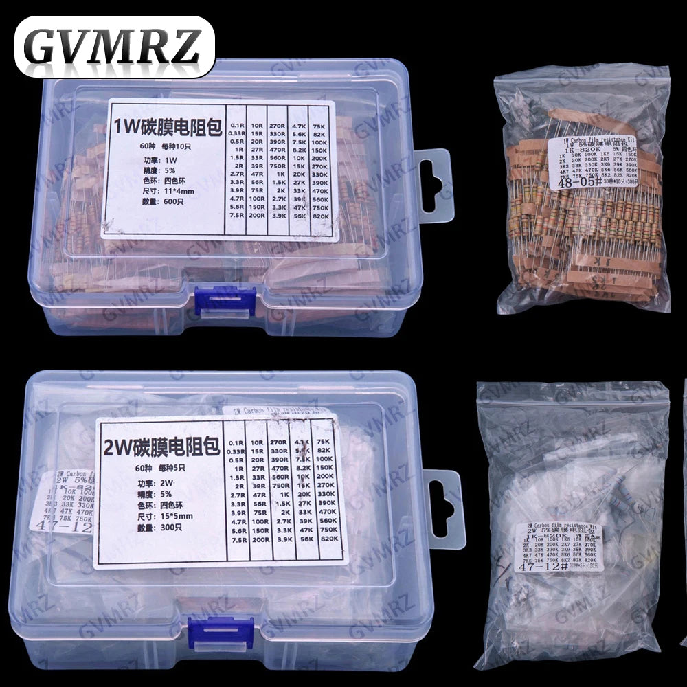 60Values 1W 2W 3W 5W 5% Carbon film resistors kit dip 0.1R 100R 200R 300R 1K 2K 3K Resistor  3W 5W 0.1R-3K