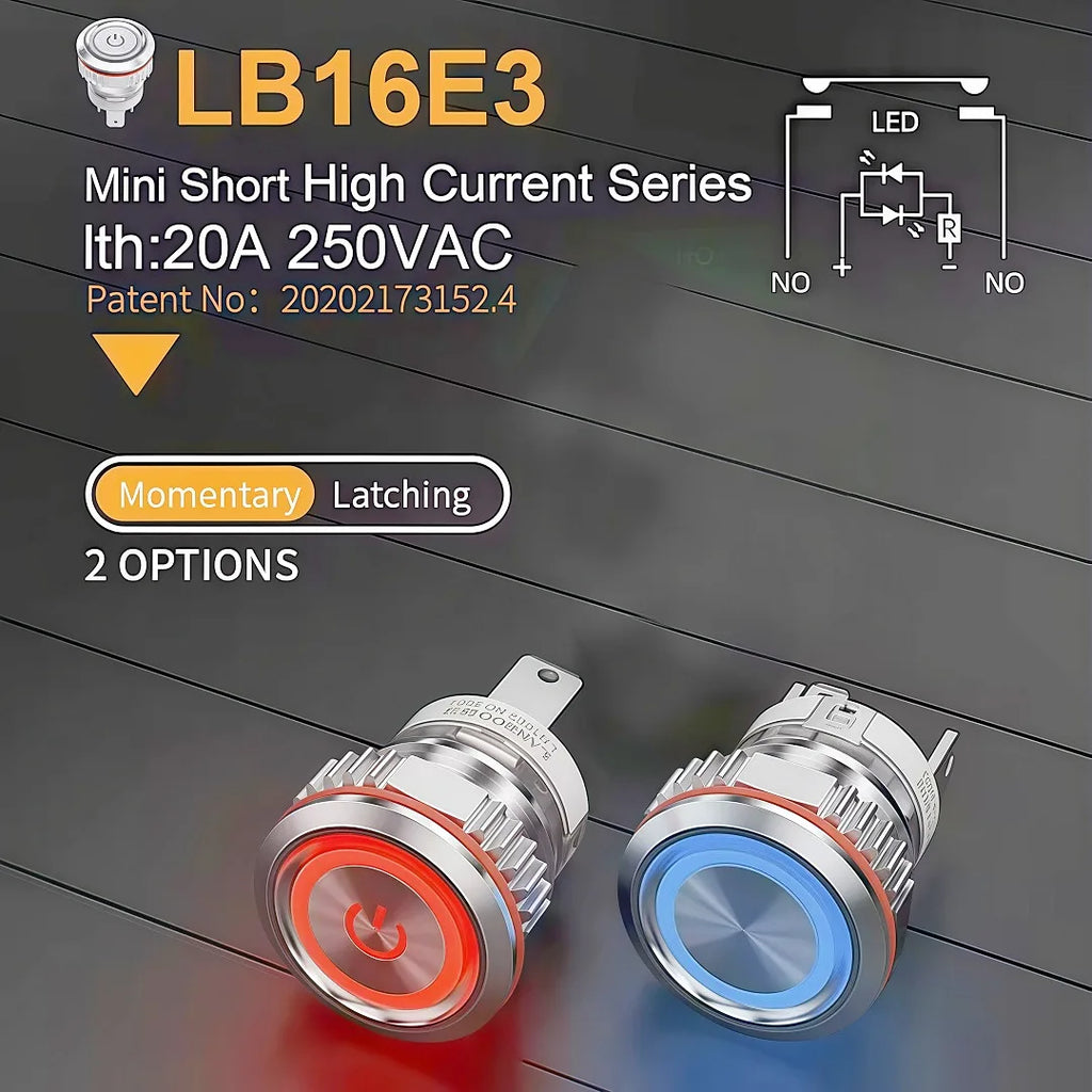 LANBOO 16mm High Current 16A High-Power Metal Push Button Switch 12V110V 24V 220V LED Light Latching