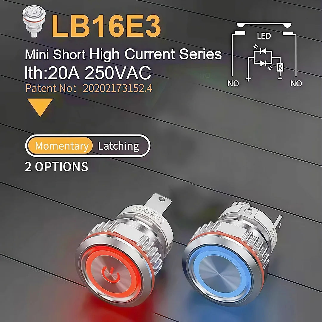 LANBOO 16mm High Current 16A High-Power Metal Push Button Switch 12V110V 24V 220V LED Light Latching