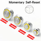 12/16/19/22mm Metal Push Button Switch Short Stroke Silver Shell Waterproof High Head With Power LED Light Momentary 1NO 6V 24V
