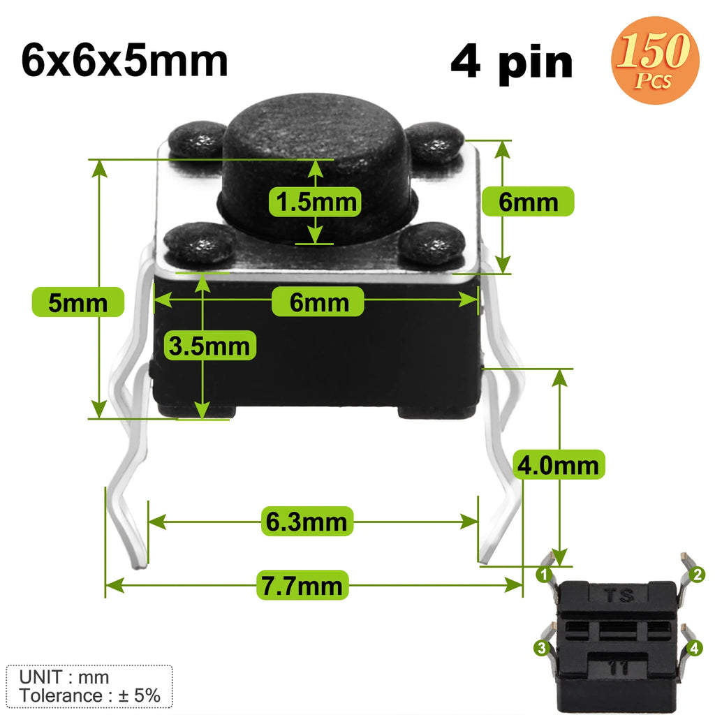 6x6mm Micro Push Switch Touch Button 4.3 5 6 7 mm Mini Tactile Pushbutton Toggle Pcb Momentary 2pin 4pin Push-button for Arduino