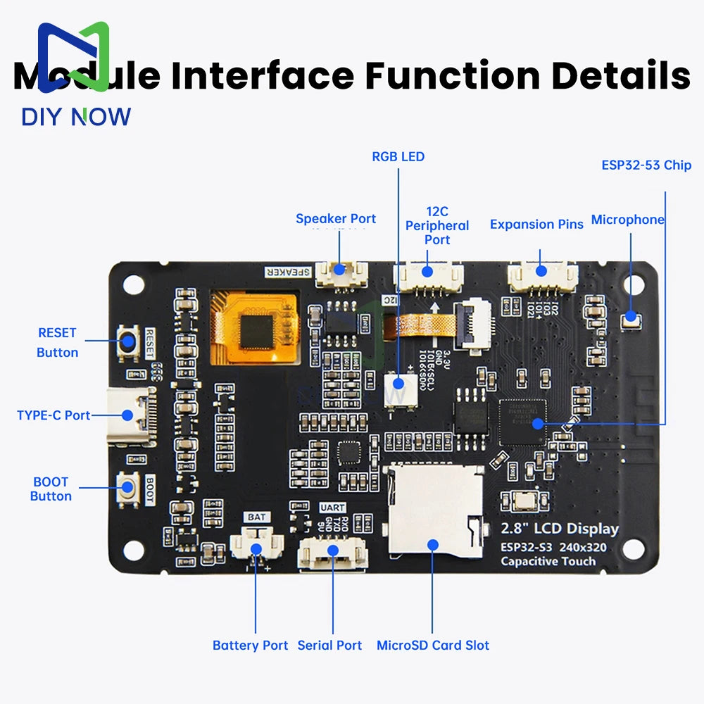 ESP32‑S3 2.8 inch 240x320 TFT LCD Capacitive Touch Type‑C WiFi BLE Mic Speaker TF‑Slot Li‑ion Charge For AI Voice IoT Project