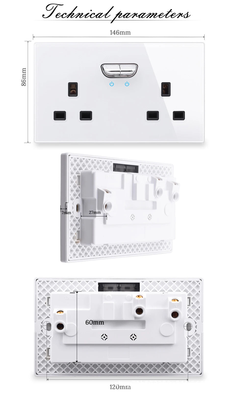 146 13a Reset Toggle Tempered Glass 2Gang UK Socket Switch Combination Panel Power Socket Office Hotel Home Villa Decoration