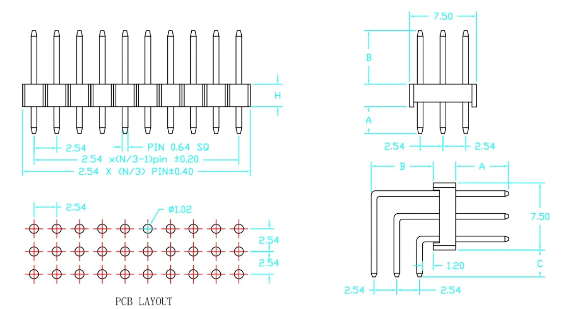 5pcs 2.54mm 3*40P Triple Row Straight 90D Right Angle R/A Breakaway Rohs Gold PCB Male Female Pin Header Connector 3x40pin