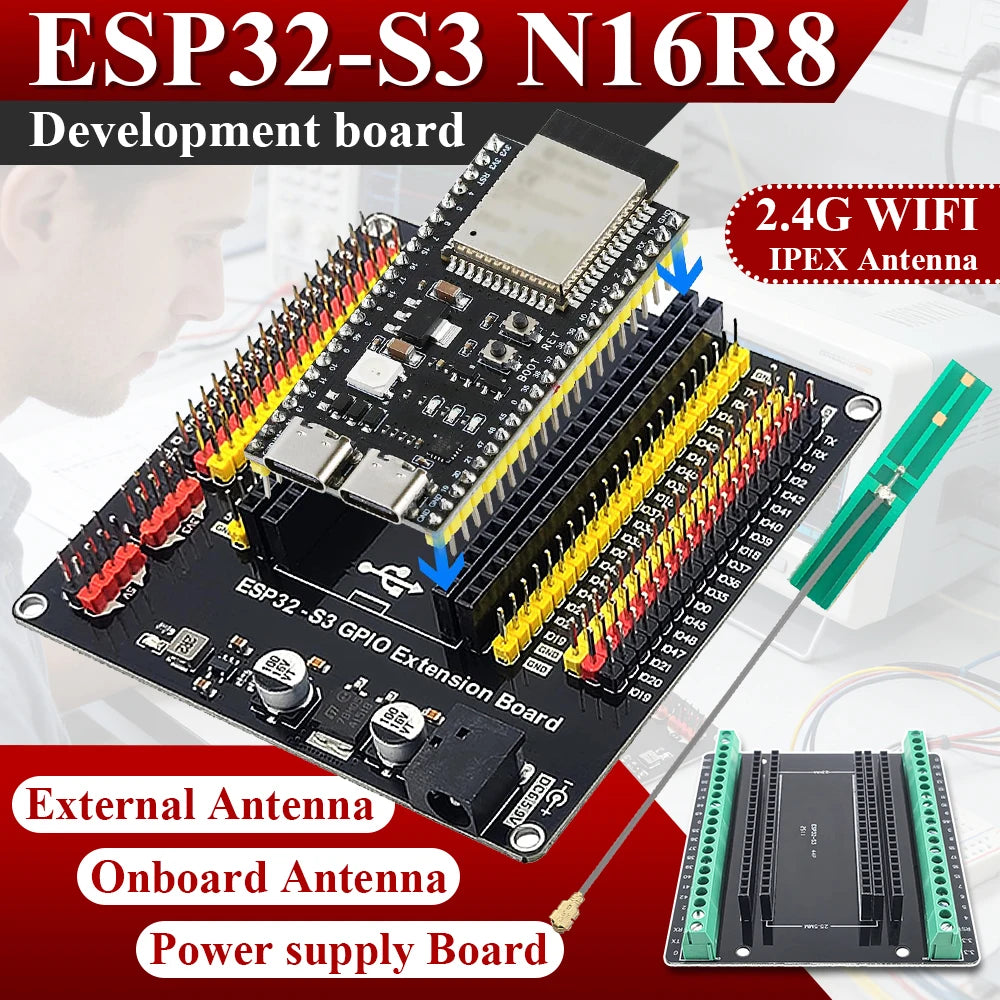 ESP32-S3 Development Board with Expansion Adapter Kit 2.4G Wifi BT Module MCU ESP32-S3WROOM1 N16R8 44Pin Type-C ESP32-S3