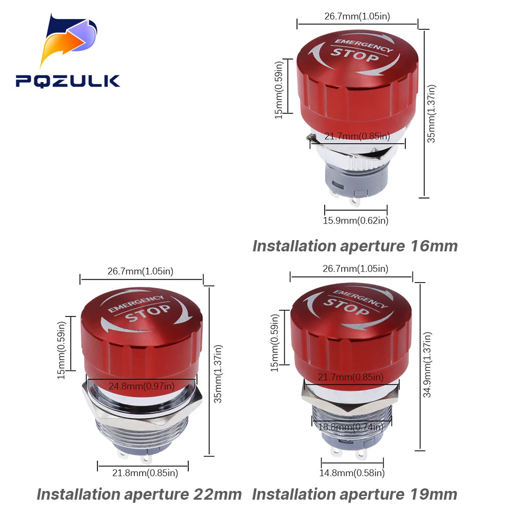 16/19/22mm Metal Aluminum Emergency Stop Switch Push Button Switch Latching NO NC 1NO 1NC Pin Terminal Red Mushroom Stop Button