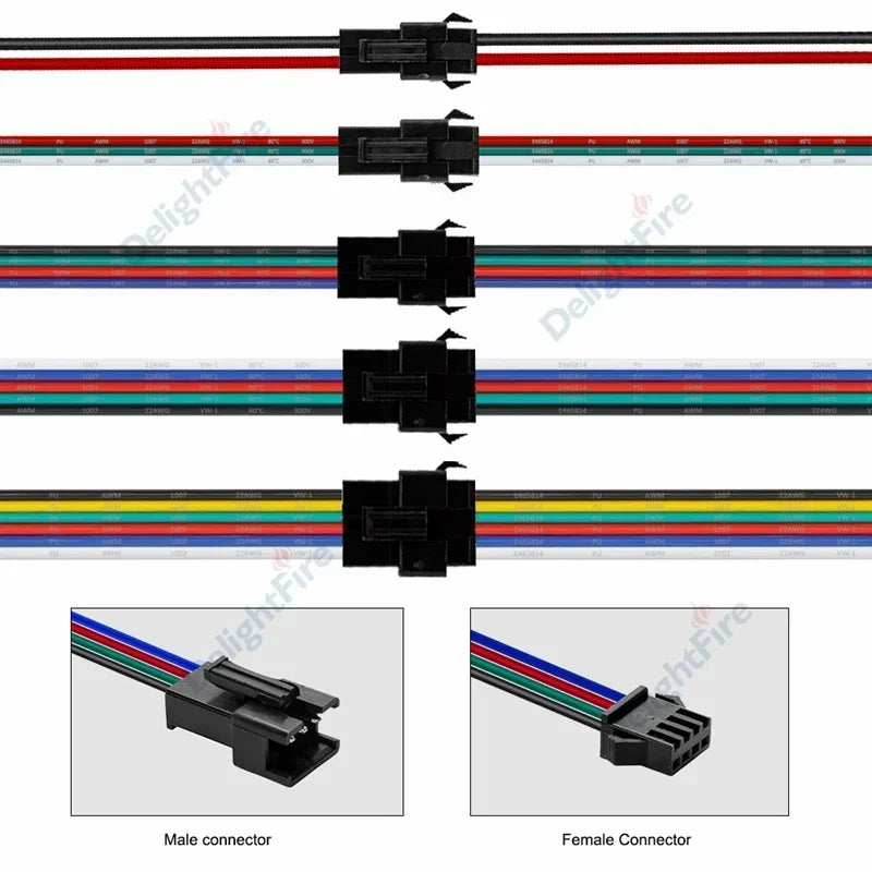 SM JST Connector Cable 22 20AWG Male Female 2/3/4/5/6Pin 12V LED Connectors For Pixel WS2812B RGB LED Strip Light Lamp Driver