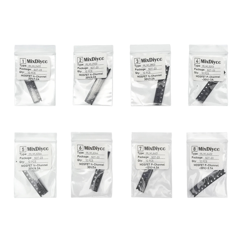 8 Values IRLML SMD MOSFET Kit 2402/2502/2803/5203/6244/6344/6401/6402 SOT-23 N P Channel Field Effect Transistor Total 80 Pcs