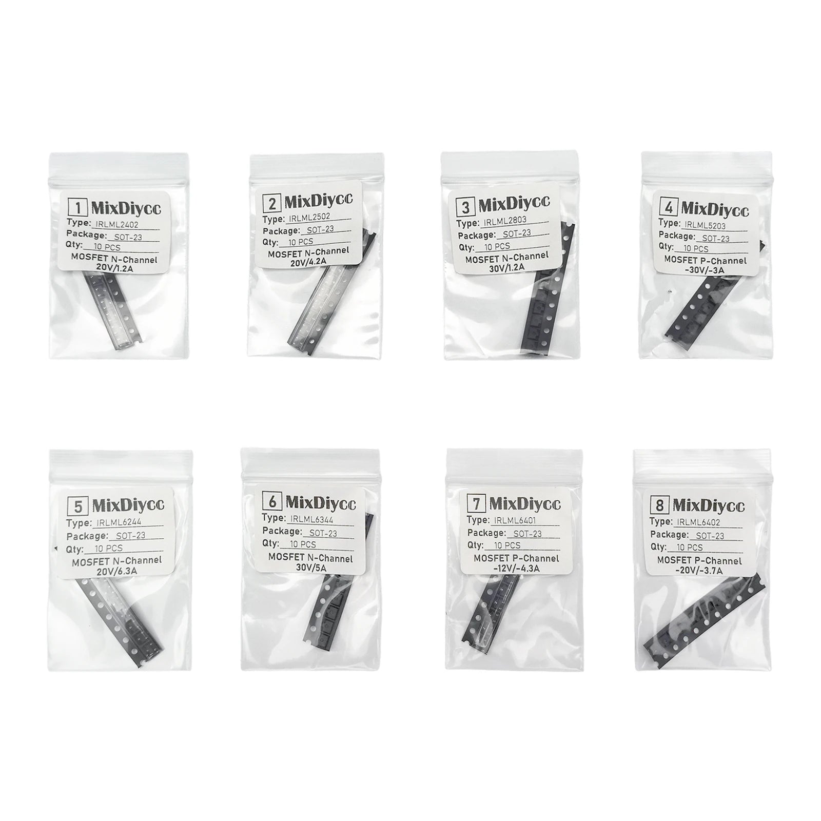 8 Values IRLML SMD MOSFET Kit 2402/2502/2803/5203/6244/6344/6401/6402 SOT-23 N P Channel Field Effect Transistor Total 80 Pcs