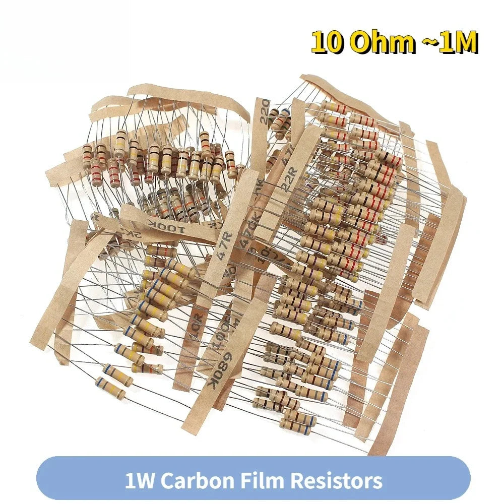200PCS 5% 1W Carbon Film Resistor Assorted Kit 20 Values 10 Ohm-1M Resistor Pack 6.8K 10K 22K 47K 68K 100K 470K 1M Ohm