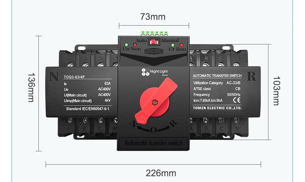 TOMZN TOQ3 Built-in Circuit Breaker 2P/4P 63A-125A with Night Light, 2-In 2/1-Out, Short-Circuit & Overload Protection