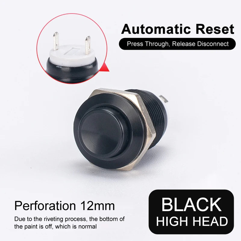 2pcs 12mm Metal Push Button Switch Oxidized Color Self Reset/Instant Reset Flat Head/Tall Head 2 Pin Waterproof Normally Open