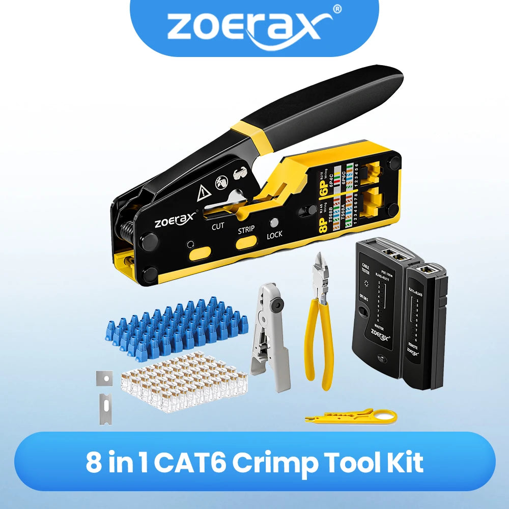 ZoeRax 8 in 1 RJ45 Crimp Tool Kit,Crimper tool,Cable Tester,Wire Cutter,Blades,50Pcs Cat 6 Connectors and Strain Relief Boots