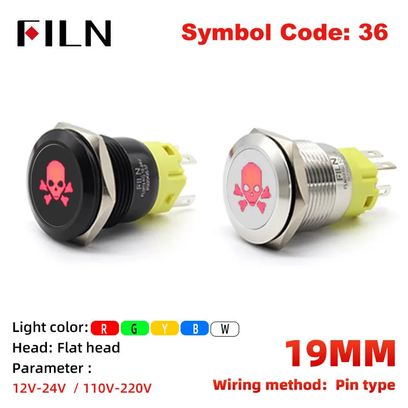12V 19mm Warning LED Indicator Light Panel Metal Push Button Switch Lock and Momentary on Off with Dash LOGO Symbol