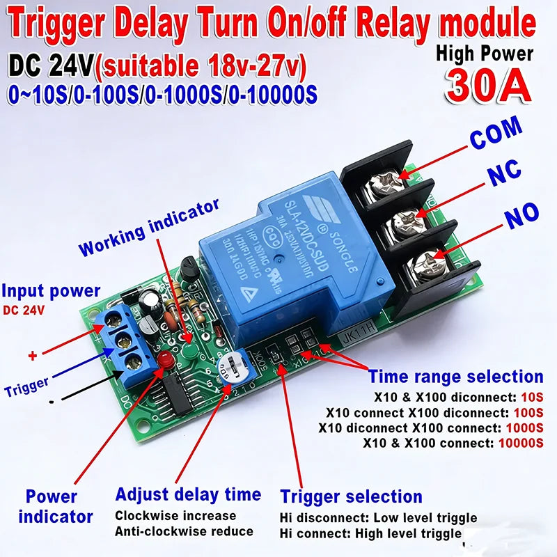 Time Delay Relay Module Circuit  Timer Control Switch DC 12V 24V 30A Adjustable Conduction