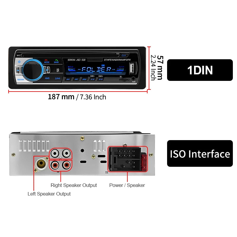 Car Radio 1 Din MP3 Player FM Audio Music USB SD Digital Bluetooth with In Dash Slot AUX Input