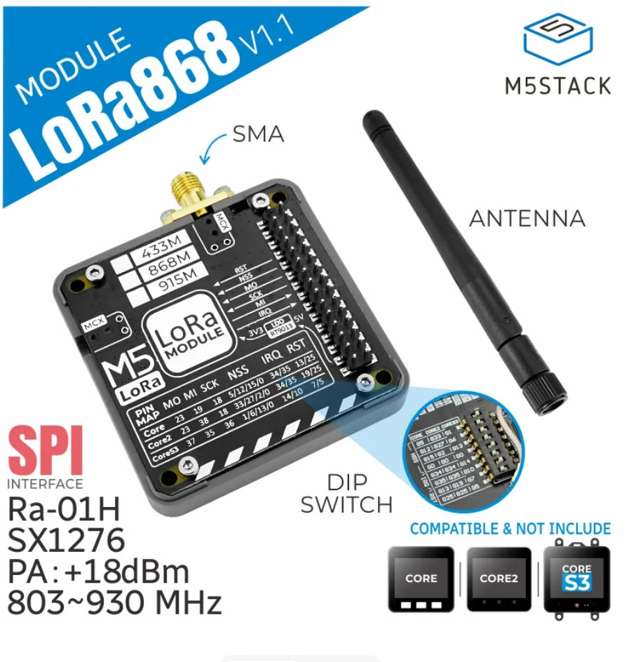 LoRa868 v1.1 Communication Module 803-930MHz SX1276 Chip SMA Antenna SPI Interface Stackable for IoT