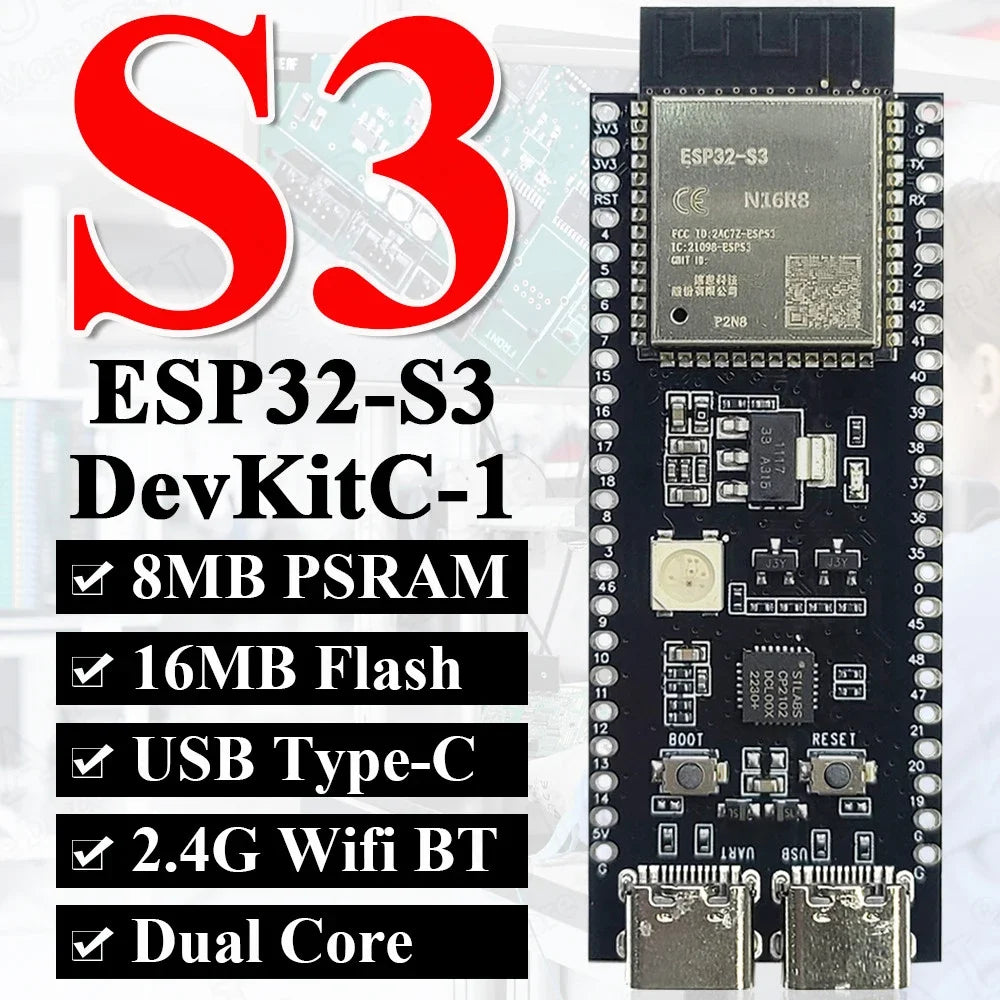 ESP32-S3-DevKitC-1 Development Board BT 2.4G Wifi Module for Arduino 8MB PSRAM 16MB FLASH N16R8 44Pin CP2102 Type-C ESP32S3