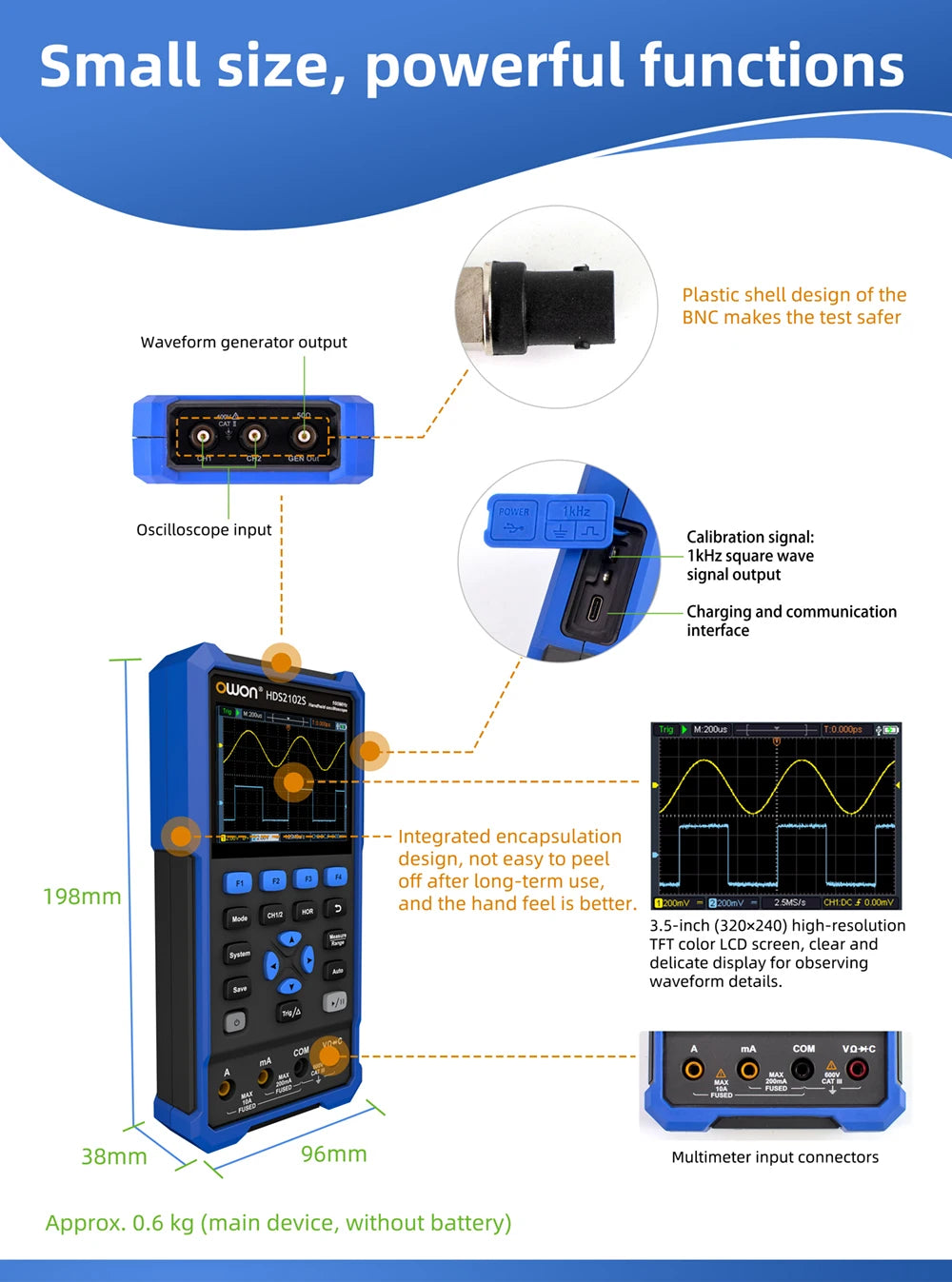 OWON HDS2102S/HDS272S/HDS242S Handheld 3-in-1 Digital Oscilloscope, Signal Generator, Multimeter | 100MHz Bandwidth, 2 Channels