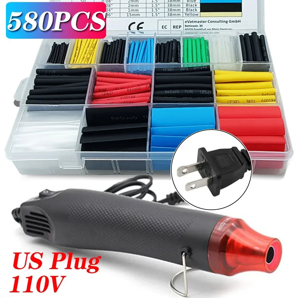 Electrical Mini Heat Gun Handheld Hot Air Gun with 80/530/127PCS Heat Shrink Butt for DIY Craft Embossing Shrink Wrapping PVC