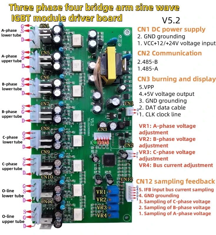 Three phase four bridge arm sine wave IGBT module driver board
