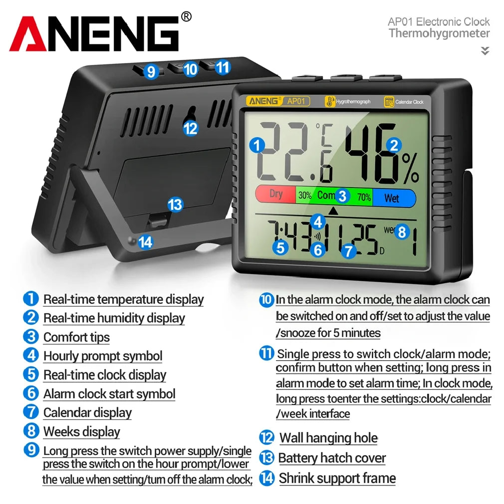 Digital Thermohygrometer Clock ANENG AP01 Snooze Alarm Mode Air Thermometer Humidity Multi-scenario High Precision Tester Tools