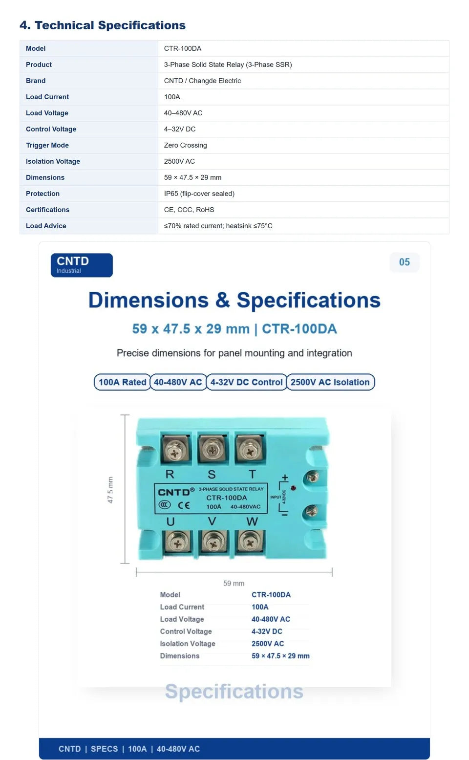 CNTD CTR-100DA 3 Phase Solid State Relay 100A 40-480V AC DC Control SSR Zero Crossing Industrial Relay for Heater Motor