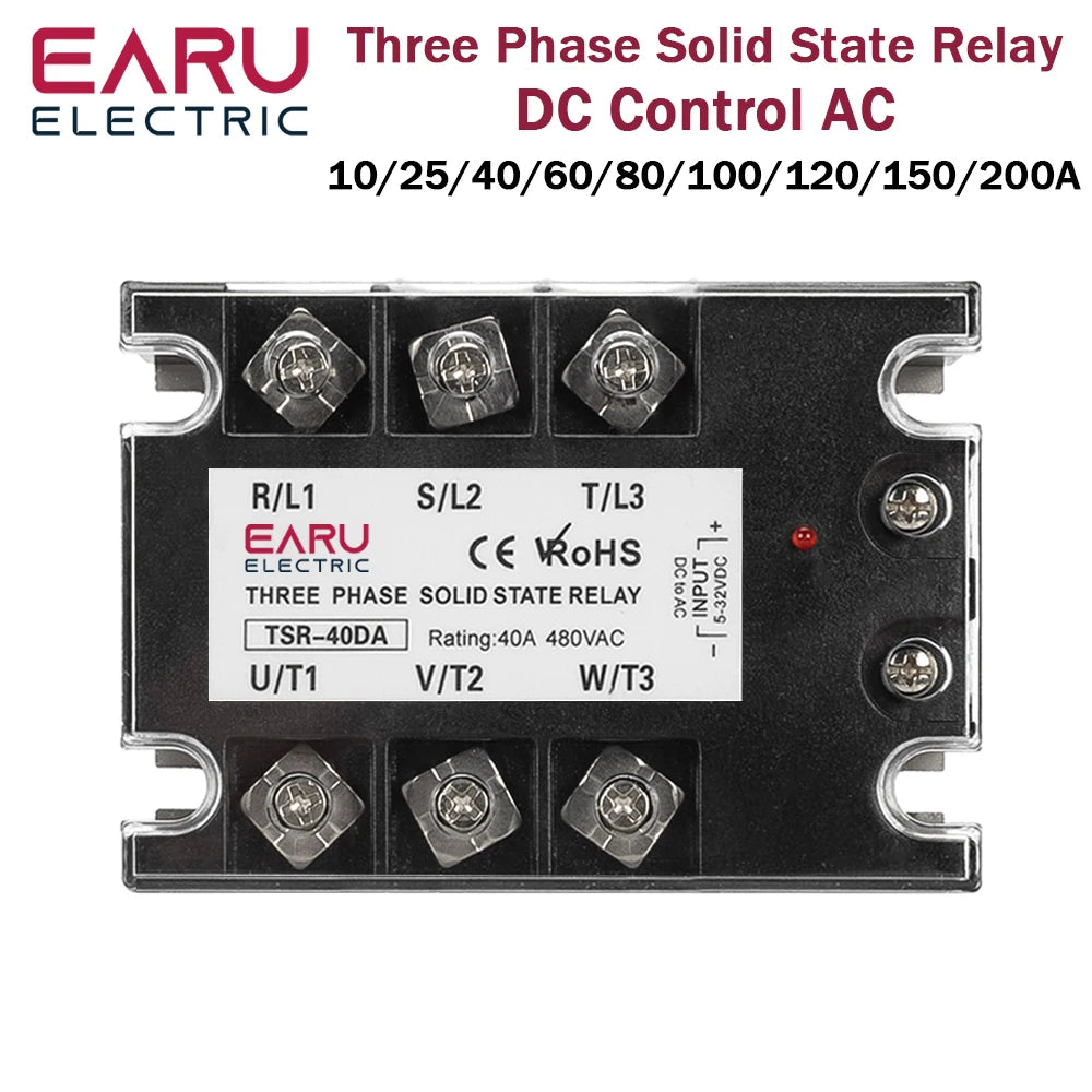EARU Three Phase DC Control AC Solid State Relay Module SSR 10A 25A 40A 60A 80A 100A 150A 200A 5-32VDC to 24-480VAC Heat Sink