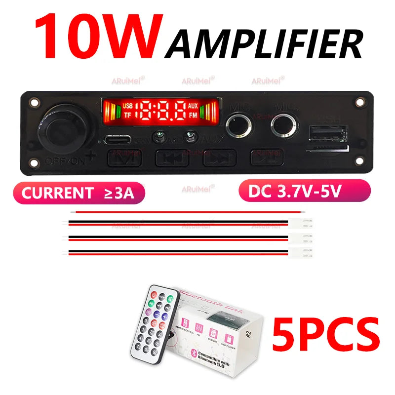 10W Bluetooth Amplifier Board MP3 Decoder Module Dual Channel DC 3.7-5V USB/TF/FM Car Audio Player with Recording Handsfree CalL