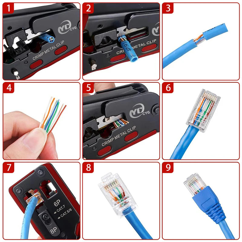 Rj45 Rj12 Rj11 Pass Through Crimp Plier Cat7 Cat6 Cat6A Cat5 Cat5e Stripping Crimping Tool with 8P/6P Ethernet Connectors