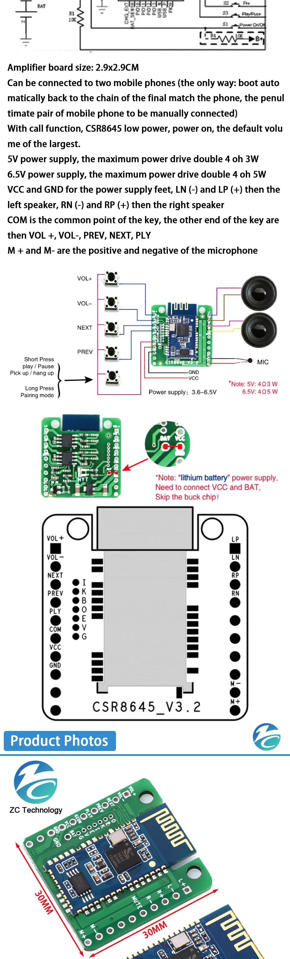 Bluetooth 4.0 CSR8645 Amplifier Board 5W+5W APT-X Stereo Receiver Amp Module