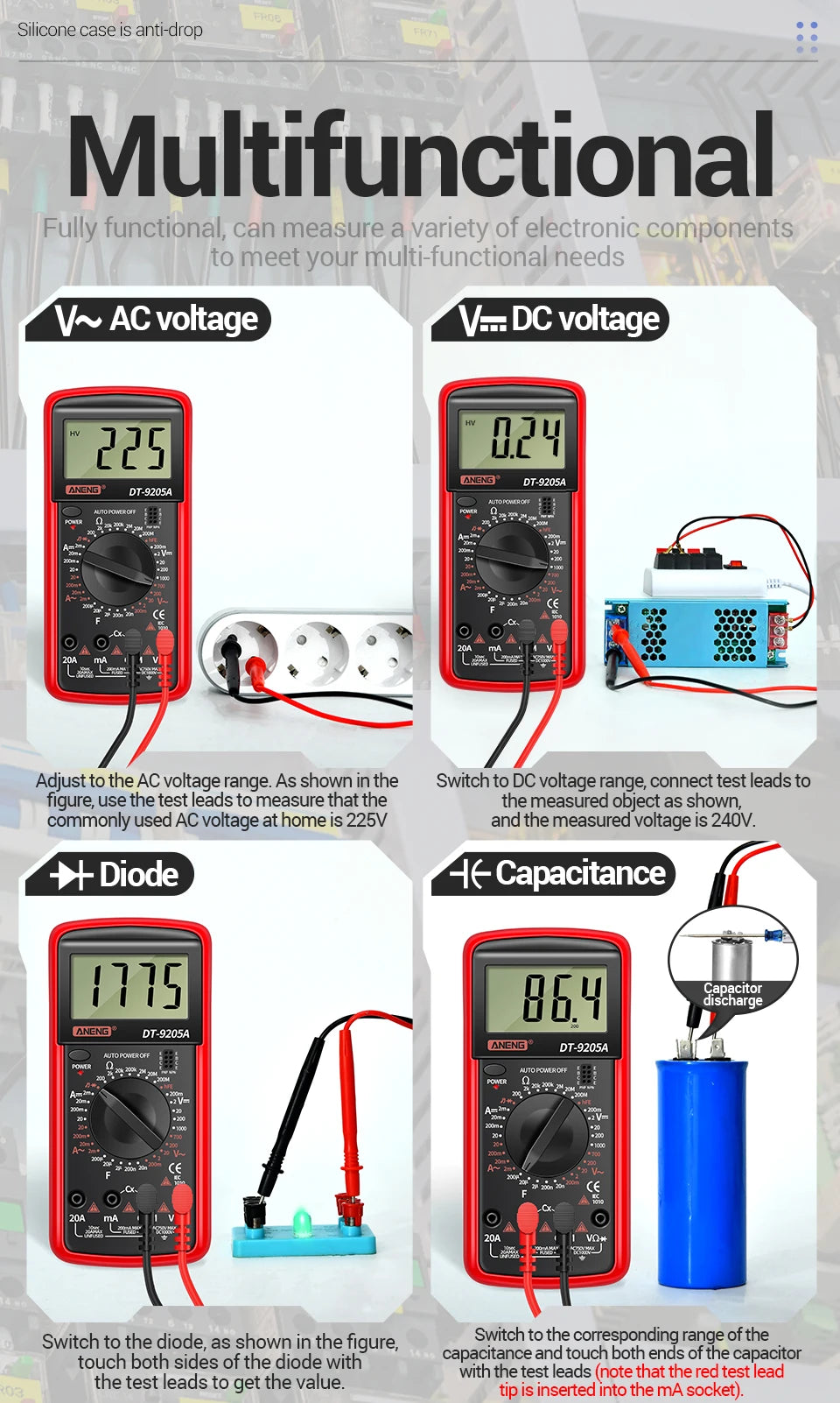 Profesional Digital Multimeter AC/DC Voltage Current Test ANENG Capacitance NCV Resistance Ohm Electrical Test Meter Tools