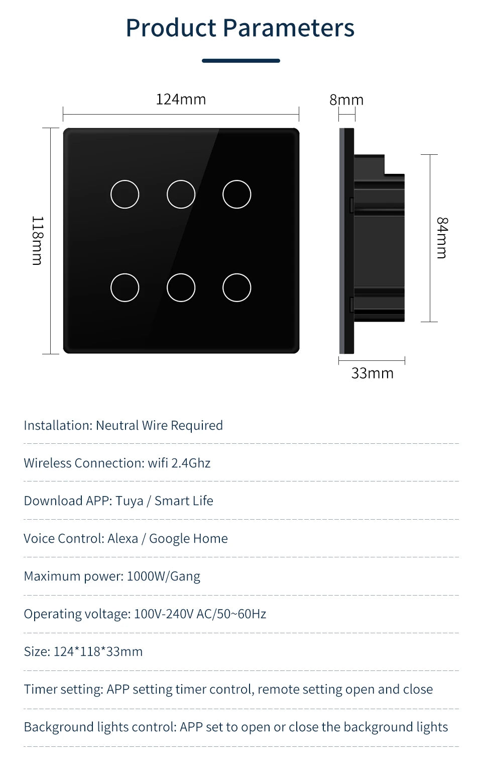 Tuya WiFi Smart Switch Brazil Standard 4x4 Size Touch Sensor 4/6/8 Gang Wall Light Switch Voice Control By Alexa Google Home