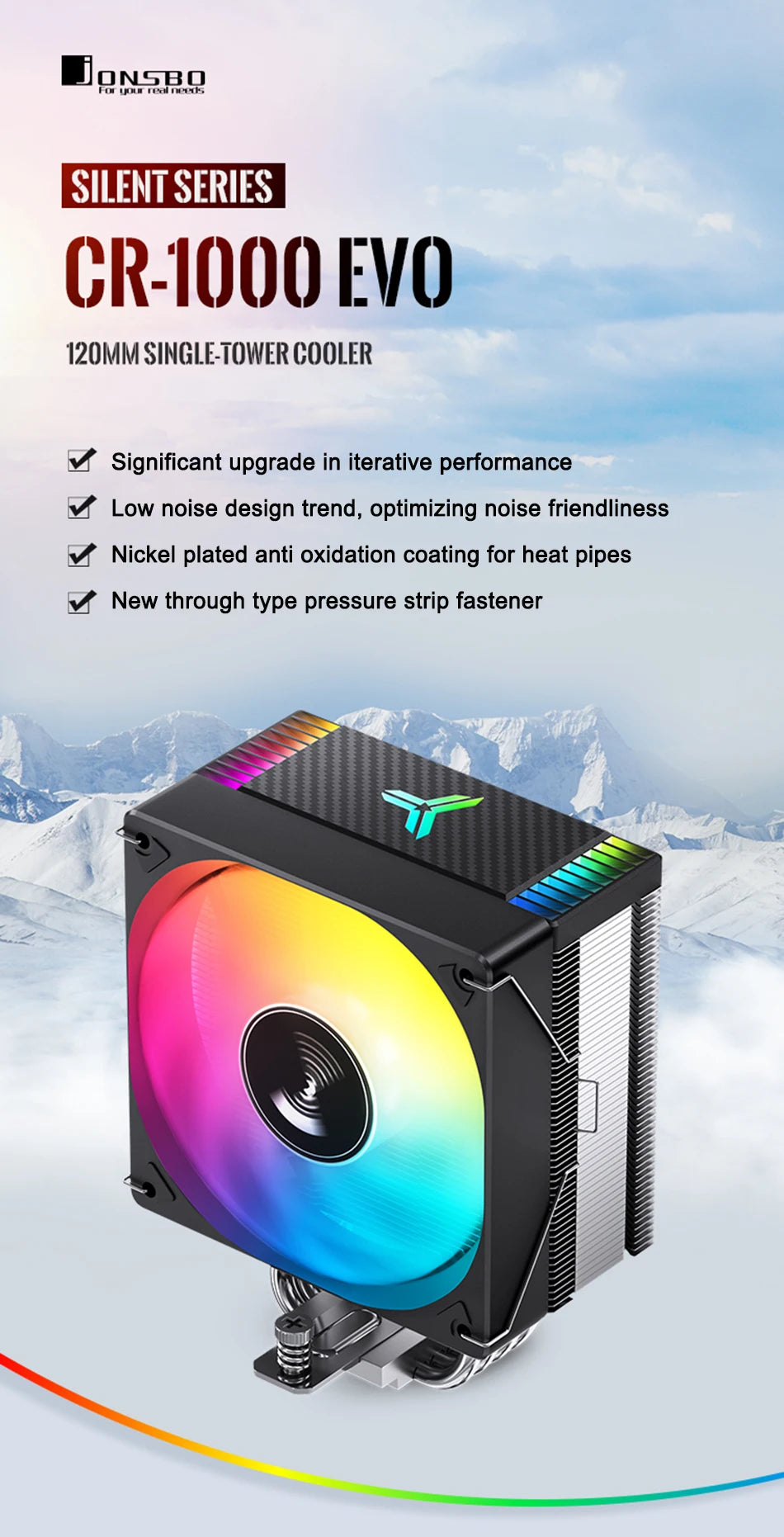 JONSBO CR-1000 EVO Tower CPU Cooler Nickel Plated 4 Heat Pipe 5V 3PIN ARGB Fan Air-Cooled Radiator For LGA1700 115X 1200 AM4 AM5