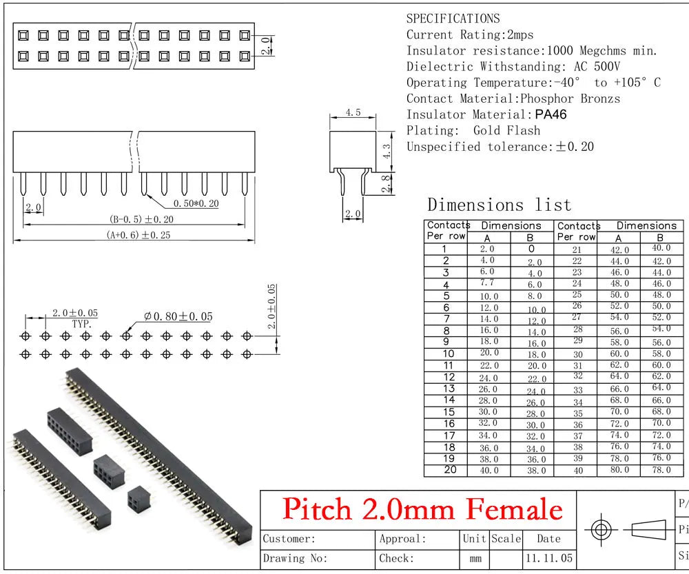 10PCS Pitch 2.0mm Double Row Pin Female Header Socket 2*2P/3/4/5P/6/7/8/ 9/10P/11/12/13/14/15P/16/17/18/20P/40P 80Pin Connector