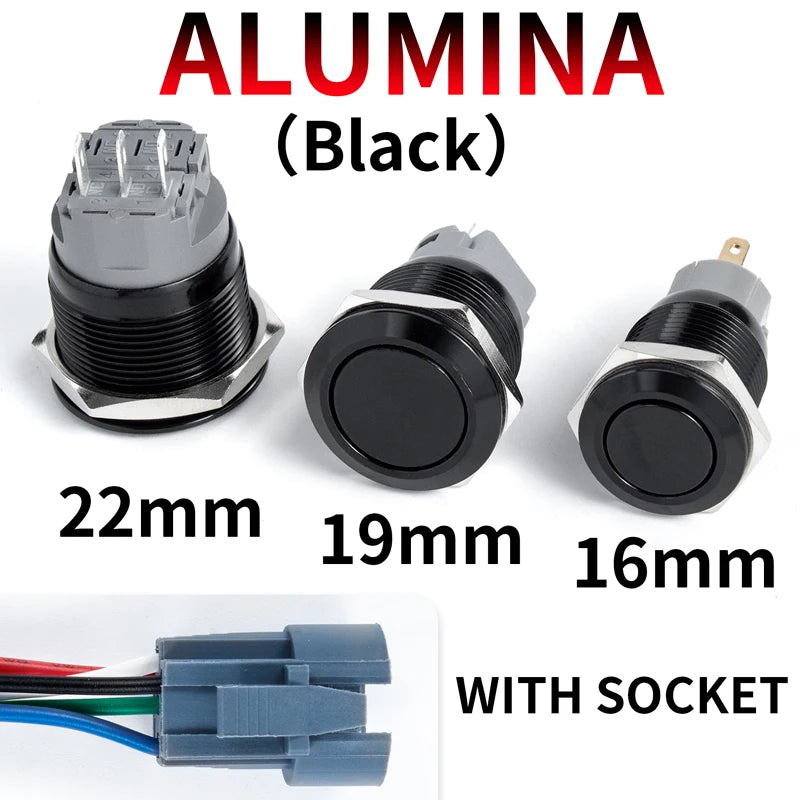 16/19/22mm Waterproof Metal Push Button Switch with socket LED Ring/Power Light Momentary Latching   5/12/24/220V black 1NO1NC