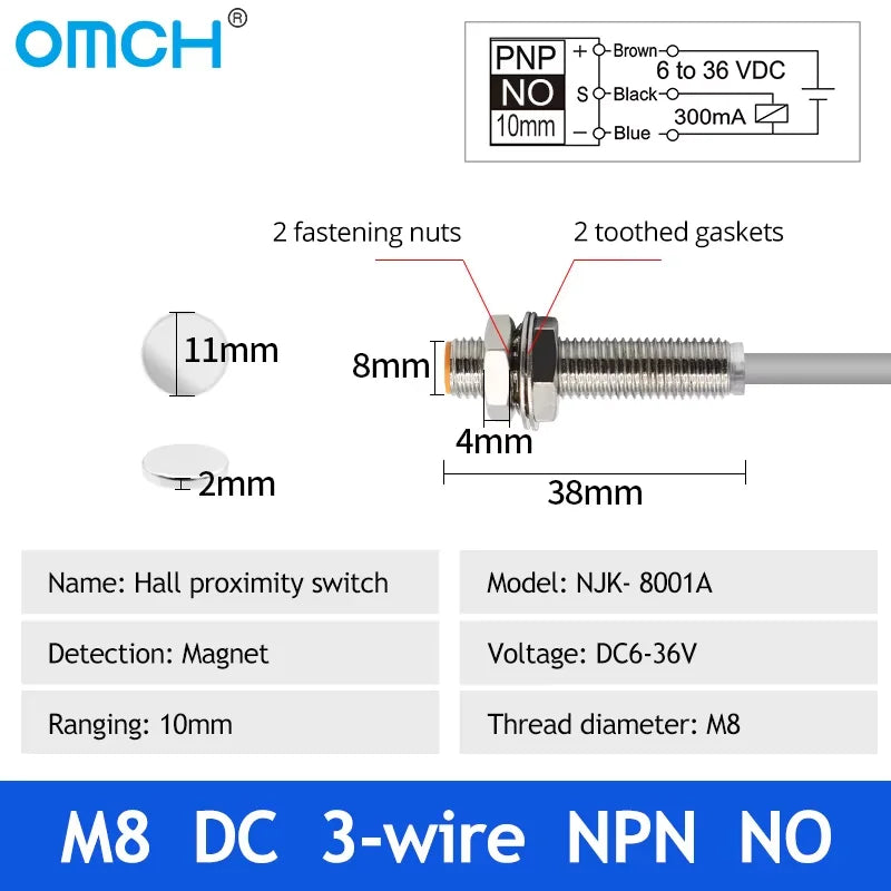 OMCH Hall Switch NJK-5002 Proximity Inductive Magnetic Pole Sensor M8/M12 Normally Open/Closed 24V Hall Effect Proximity Sensor