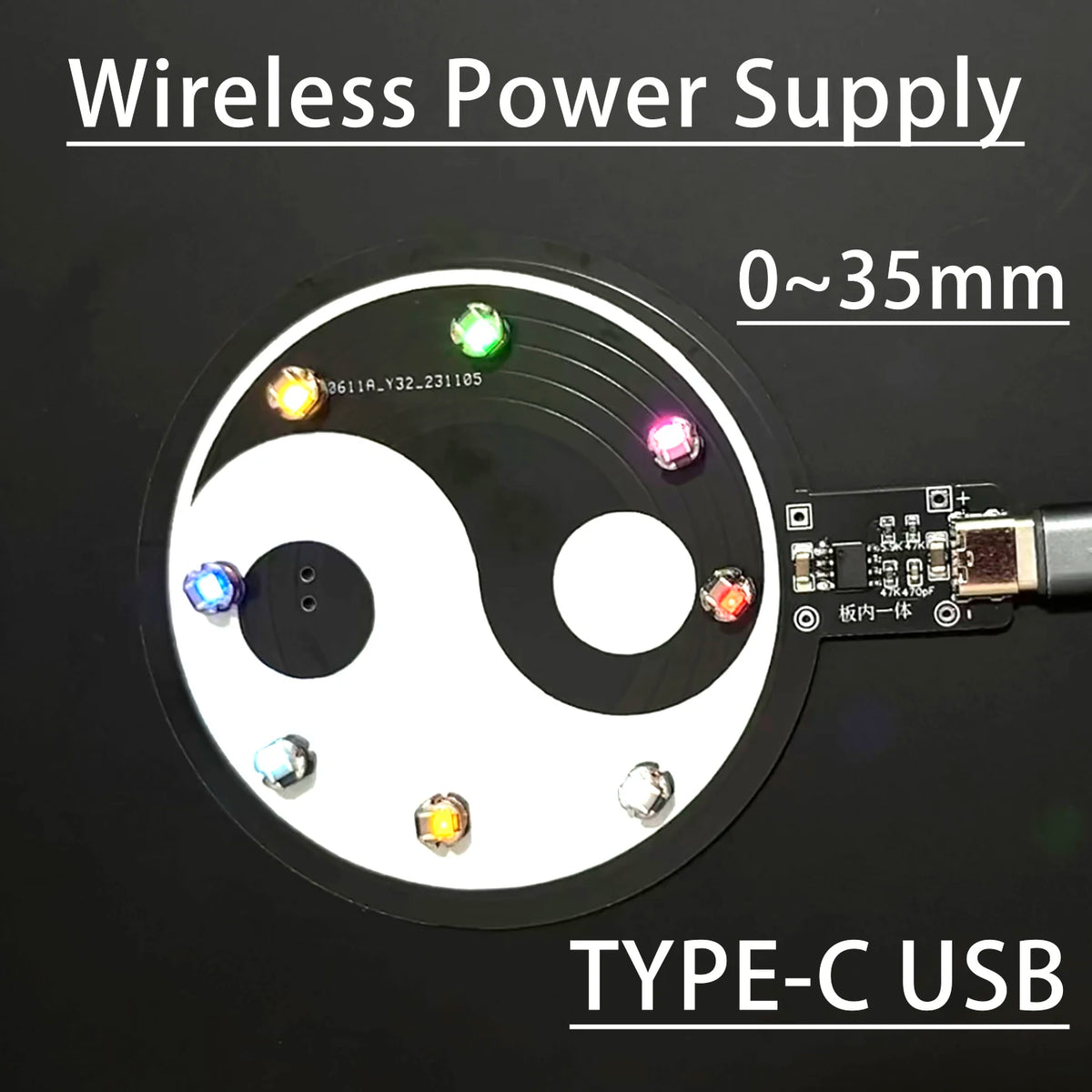 0~35mm Wireless Power Supply Transmitter Coil Induction Integration TYPE-C USB DC 5V + 5pcs Receiver Led Lamp