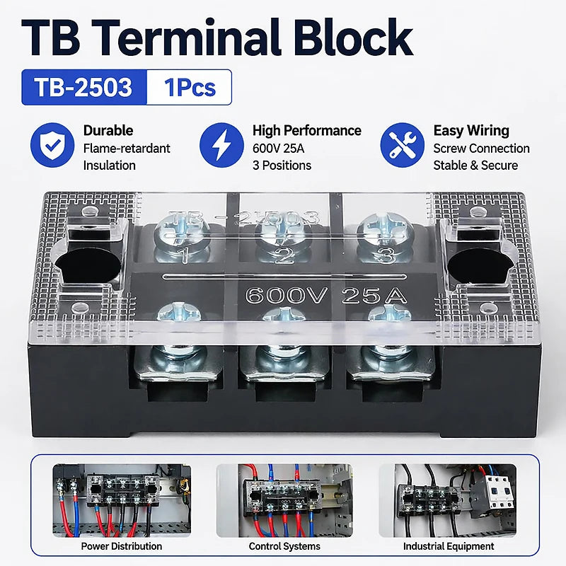 1PCS Dual Row Grounding Strip Wire Connector TB2503 Thick Copper Screw Terminal Block Flame Retardant Durable 600V 25A