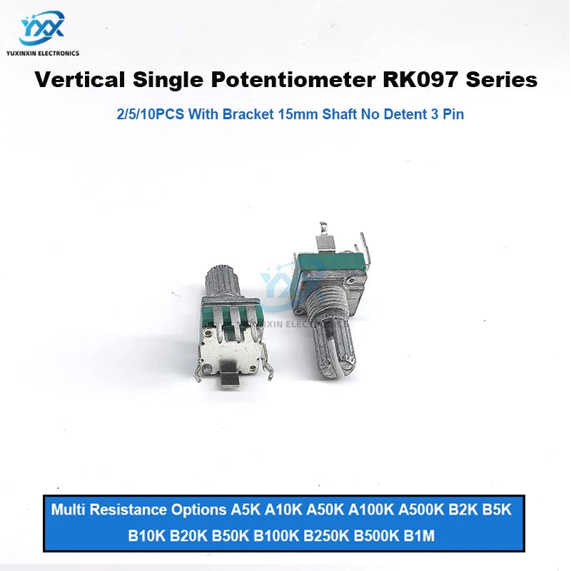 2/5/10PCS RK097 R097 Vertical Precision Potentiometer with Bracket 15mm Handle No Gear 3 Feet A/B10K 2K 5K 50K 100K 250K 1M