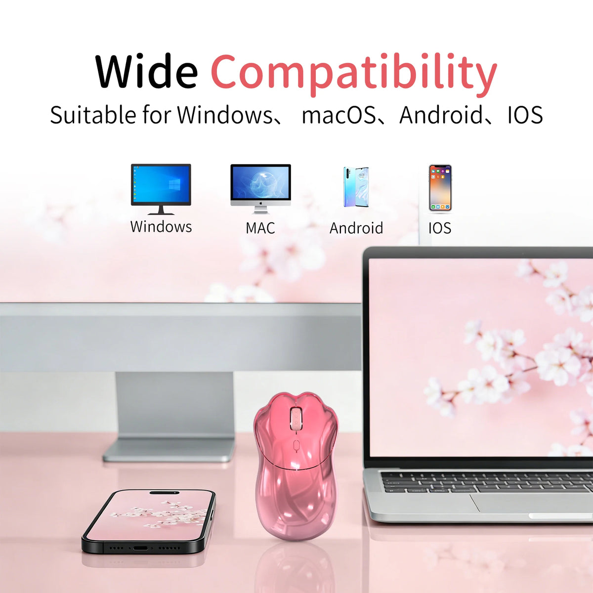 SayRose MO‑76 Cute Cat Paw Wireless Mouse 2.4G Bluetooth 5.0 Dual Mode 4‑Level DPI 800‑3200 Rechargeable Type‑C Mice for Laptop PC Mac Office Girl Gift