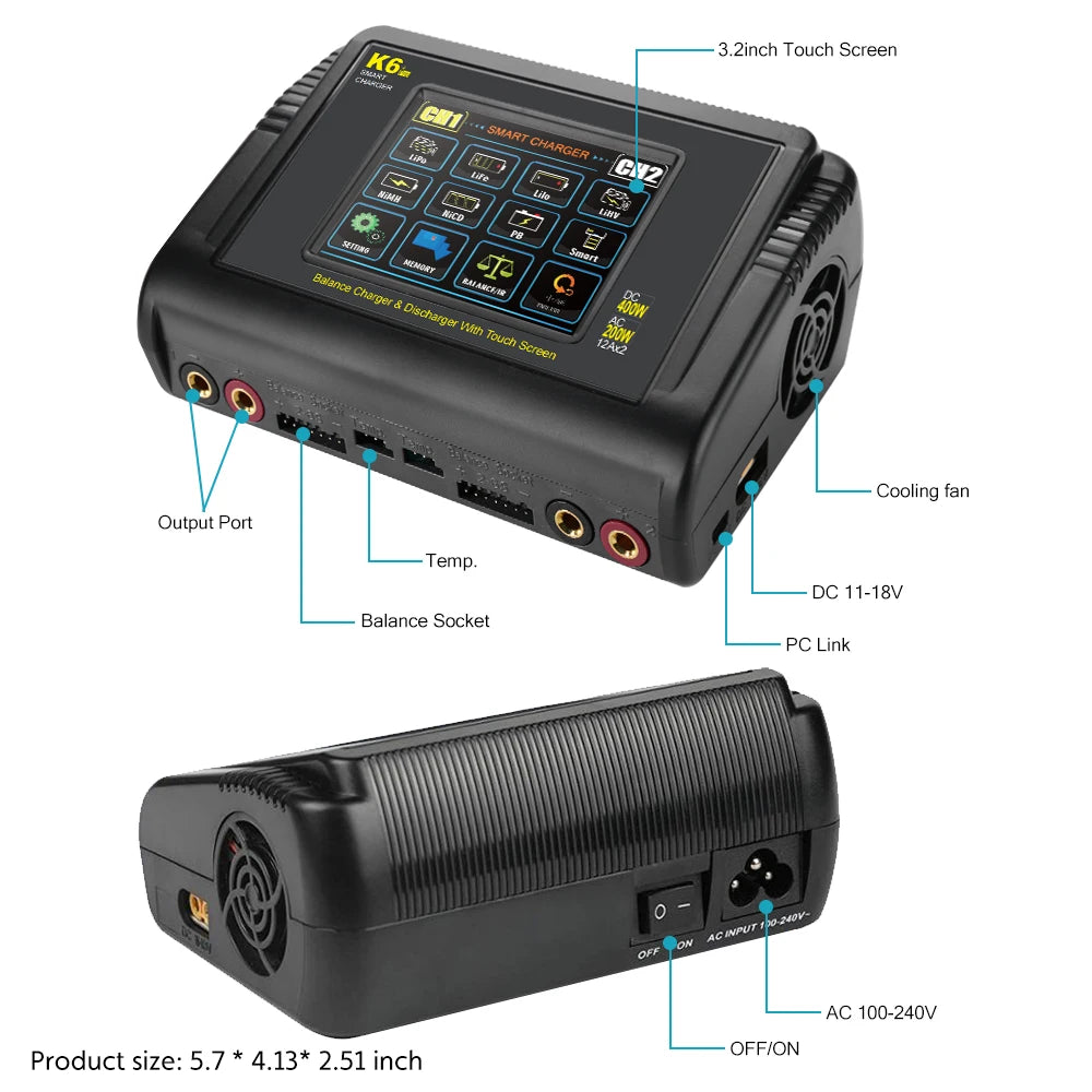 HTRC K6+ Lipo Battery Charger DC 400W AC 200W 12Ax2 RC Charger Balance Discharger For LiHV LiFe Li-lon NiCd NiMh Pb LiPo Batteri